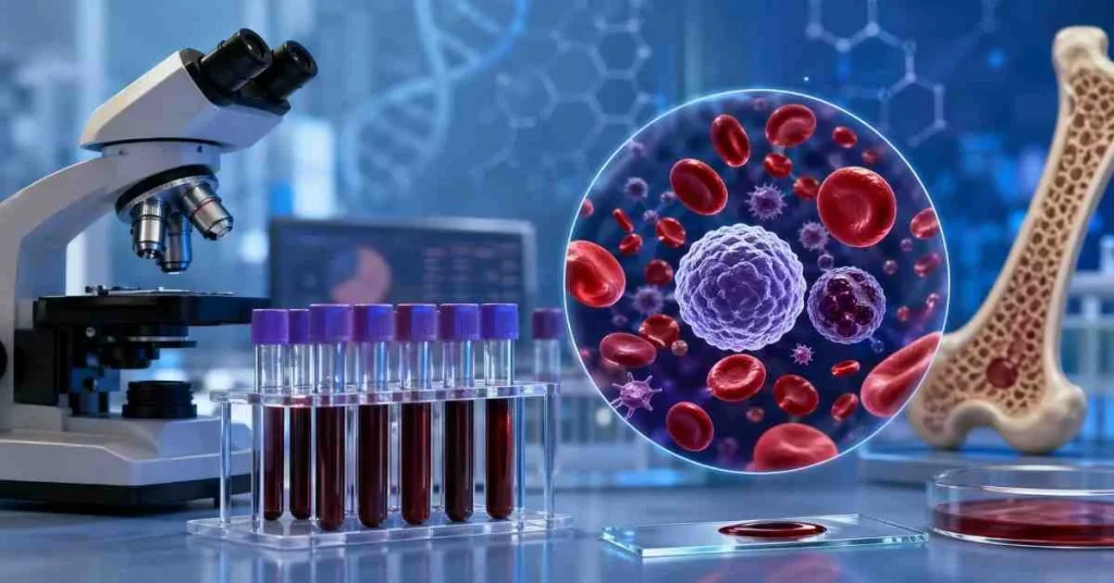 A scientific laboratory setting showing blood sample test tubes, a microscope, a bone model, and a circular graphic magnification showing red blood cells alongside a purple white blood cell.
