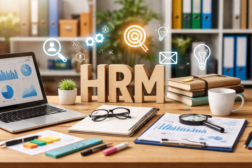 Modern workspace with HRM research setup including laptop, charts, notebooks, and office desk representing human resource management dissertation topics