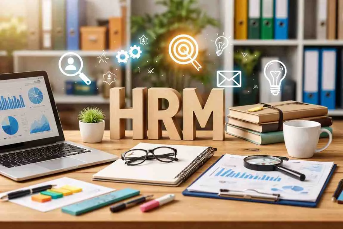 Large wooden letters spelling HRM on an office desk next to a laptop showing charts, a magnifying glass, notebooks, and floating digital recruitment icons.