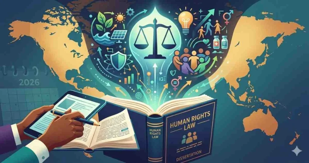 An illustration of hands using a tablet and pen to study a "Human Rights Law Dissertation" book, with a glowing graphic of the scales of justice, solar panels, gender equality, and medical icons rising over a world map.