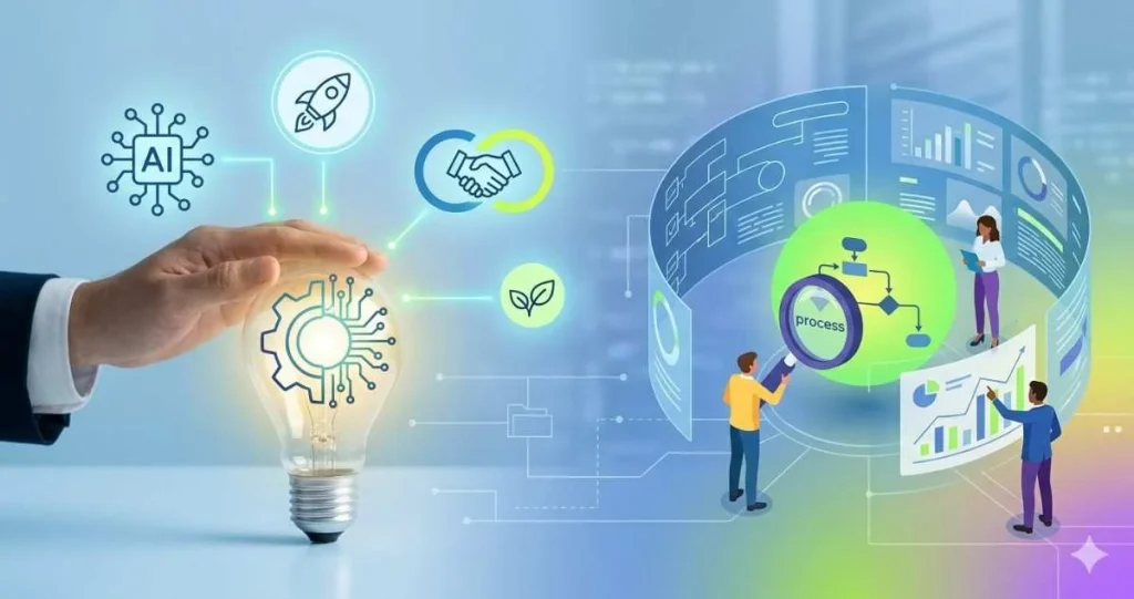 A hand resting over a glowing lightbulb with a gear icon, connected to business icons and a digital screen showing miniature people analyzing a workflow process.