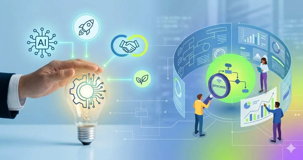 A hand resting over a glowing lightbulb with a gear icon, connected to business icons and a digital screen showing miniature people analyzing a workflow process.