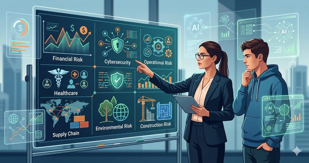A professional and academic illustration showcasing various risk management research areas suitable for dissertations in 2026. The image features a female researcher and a male student interacting with a transparent, futuristic screen. The screen is segmented into non-text-based sections visualizing topics like financial risk (graphs/currency), cybersecurity (shields/network), healthcare (caduceus/patient), environmental risk (trees/globe), and supply chain (map/containers), representing a multidisciplinary academic exploration. The style is modern and digitally polished.