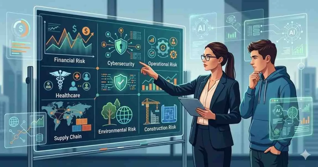 A professional woman pointing at a cybersecurity section on a large digital risk management dashboard while explaining data trends to a young man in a hoodie.