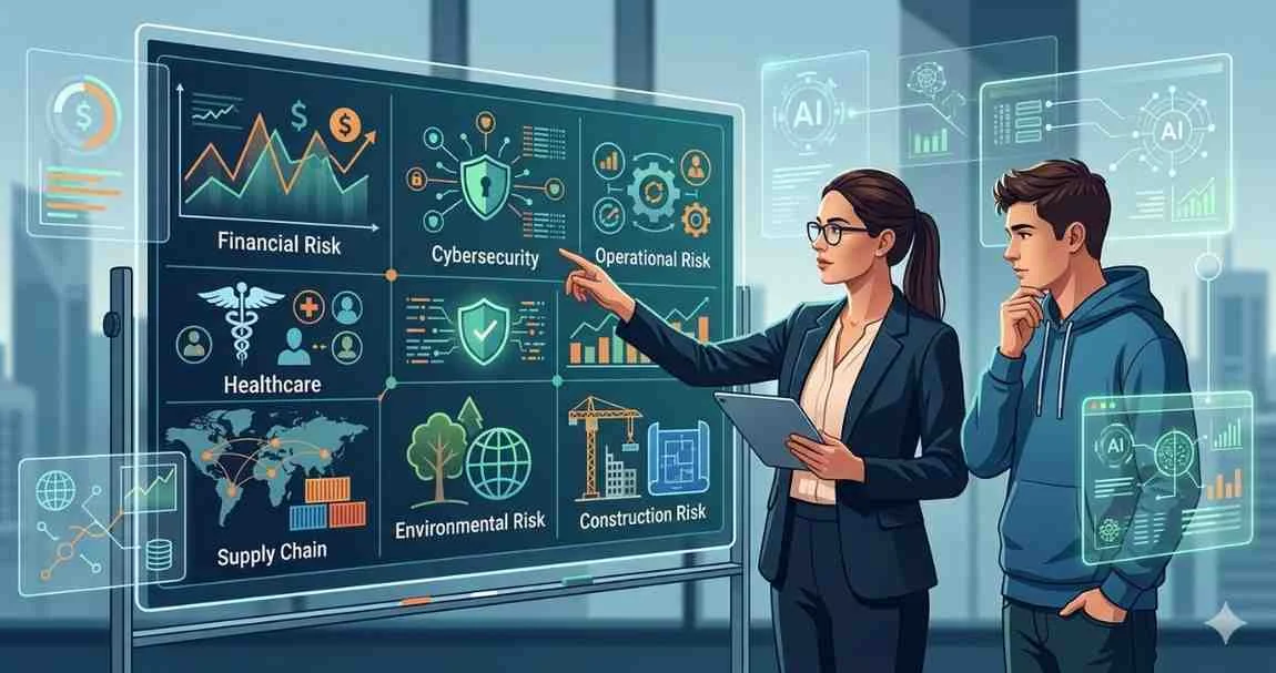 A professional woman pointing at a cybersecurity section on a large digital risk management dashboard while explaining data trends to a young man in a hoodie.