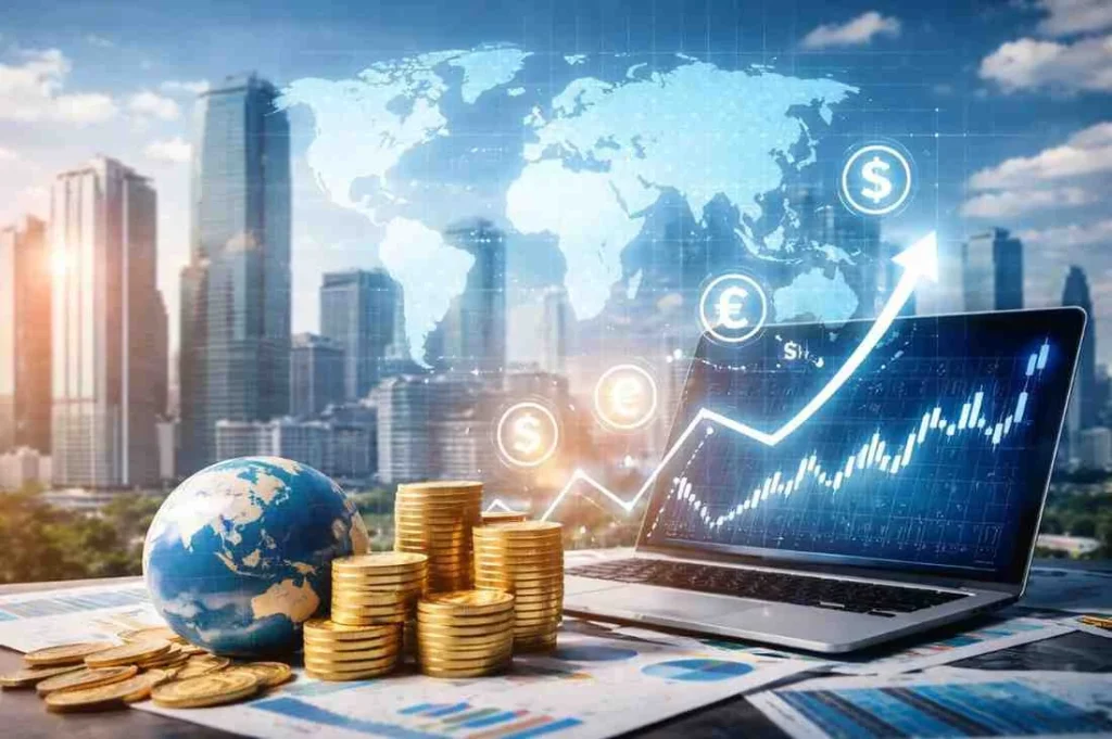 A laptop showing a rising stock market chart next to stacks of gold coins, a small globe, and a digital world map overlay with currency symbols against a city skyline.