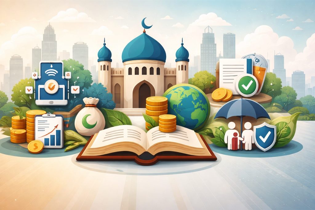 Illustration of Islamic finance concepts including banking, Sukuk, Takaful, fintech, and sustainability with mosque, coins, and global financial elements