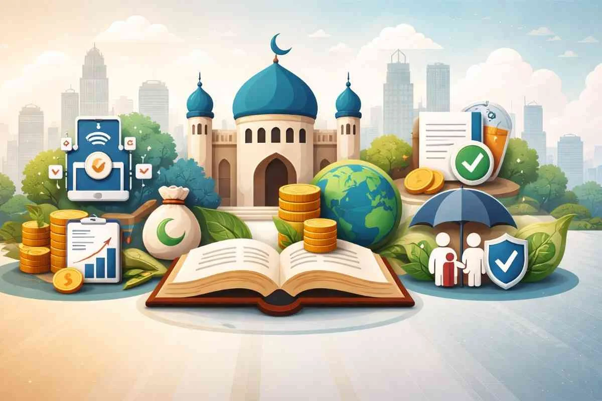 An vector illustration of an open book in front of a mosque, surrounded by gold coins, a globe, family insurance symbols, and a digital banking phone.