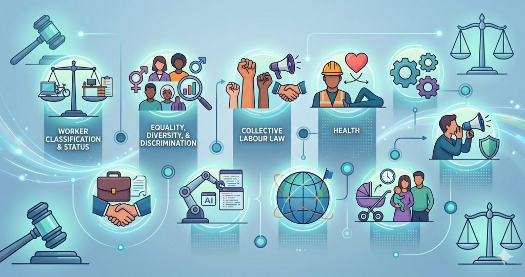 A wide conceptual illustration for a legal article, showing a landscape of symbolic legal motifs without text. On a light blue background, key elements flow linearly, including a gavel, a scale of justice, a balance weighing a contractor and an employee, diverse figures and equality symbols, union fists, a hard hat and heart for wellbeing, a termination handshake and exit briefcase, contract gears, an AI robot arm, a global globe with flags, a family with a pram and flexible working clock, and a megaphone with a protective whistle shield.