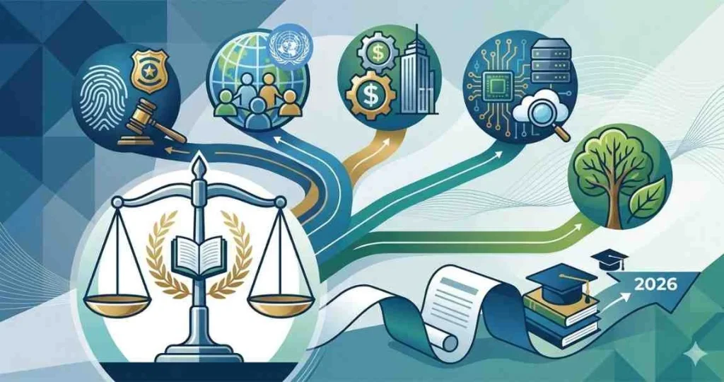 An infographic mapping various legal research fields branching from a scale of justice, including criminal justice, human rights, corporate law, tech compliance, and environmental law.