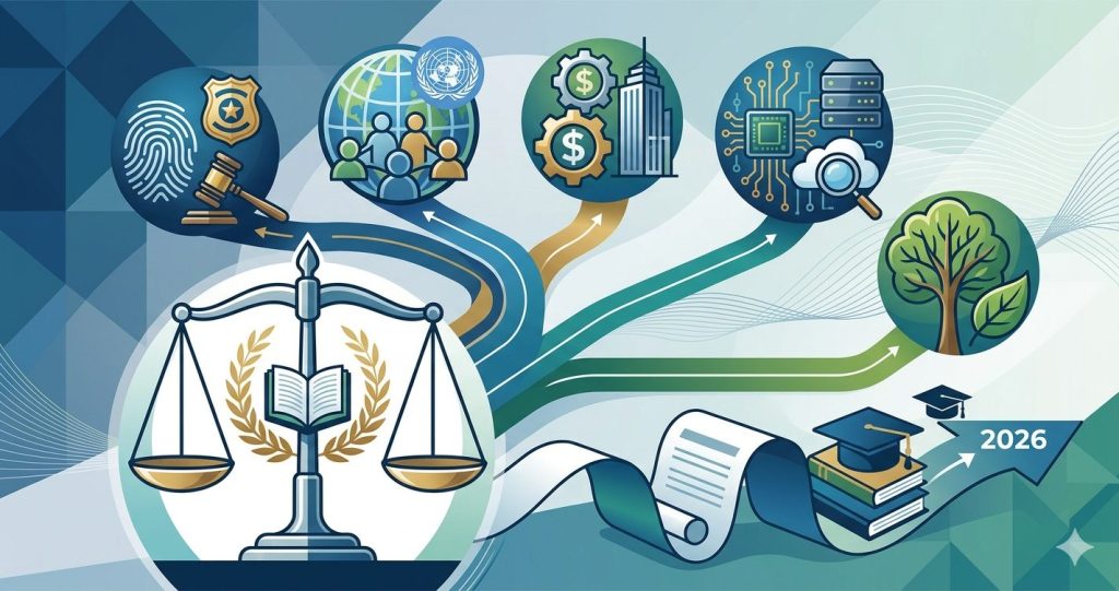 A professional 1200x628 feature image representing various legal research fields. On the left, a prominent scale of justice with an open book sits in the foreground. Branching out from it are several circular icons representing Criminal Law (handcuffs and gavel), International Law (globe), Corporate Law (buildings and currency), Technology Law (circuitry and cloud), and Environmental Law (a green tree). In the bottom right, an arrow pointing toward "2026" features a graduation cap and a stack of law books.