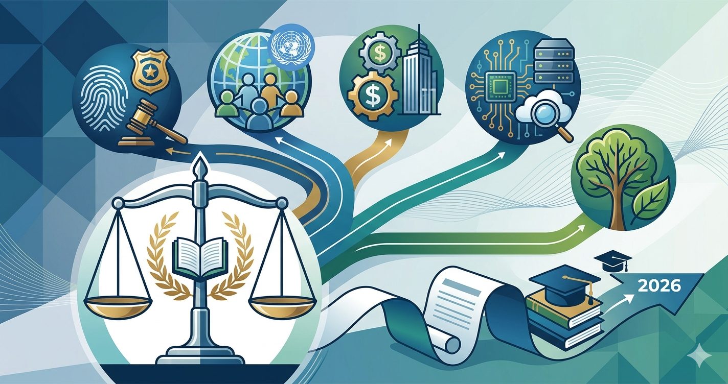 A professional 1200x628 feature image representing various legal research fields. On the left, a prominent scale of justice with an open book sits in the foreground. Branching out from it are several circular icons representing Criminal Law (handcuffs and gavel), International Law (globe), Corporate Law (buildings and currency), Technology Law (circuitry and cloud), and Environmental Law (a green tree). In the bottom right, an arrow pointing toward "2026" features a graduation cap and a stack of law books.