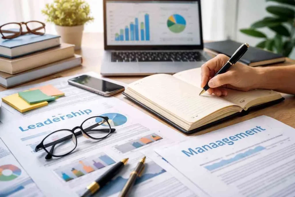 A person writing in a notebook on a wooden desk surrounded by printed reports labeled "Leadership" and "Management," alongside an open laptop with data charts.