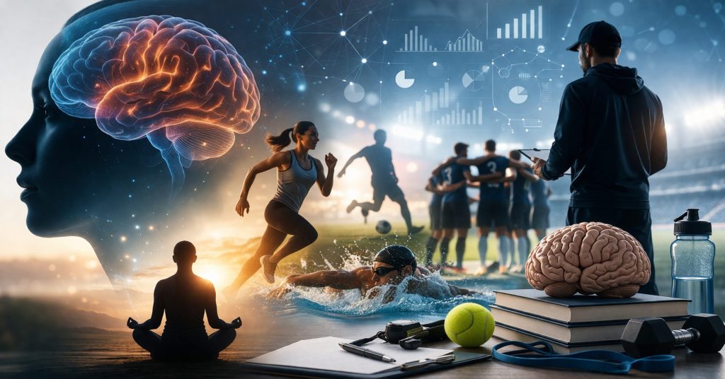 Athletes running, swimming, and training with a glowing brain illustration, coach analysis, and sports equipment representing sports psychology and mental performance in modern athletics
