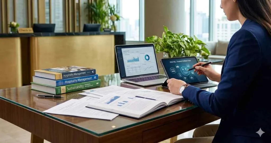 A woman in a blue blazer using a stylus on a tablet labeled "Digital Transformation" at a hotel desk next to data reports, a laptop, and textbooks on hospitality and sustainability.