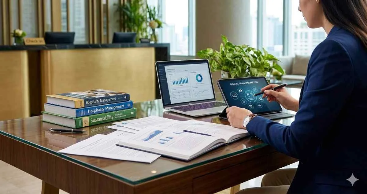 A woman in a blue blazer using a stylus on a tablet labeled "Digital Transformation" at a hotel desk next to data reports, a laptop, and textbooks on hospitality and sustainability.
