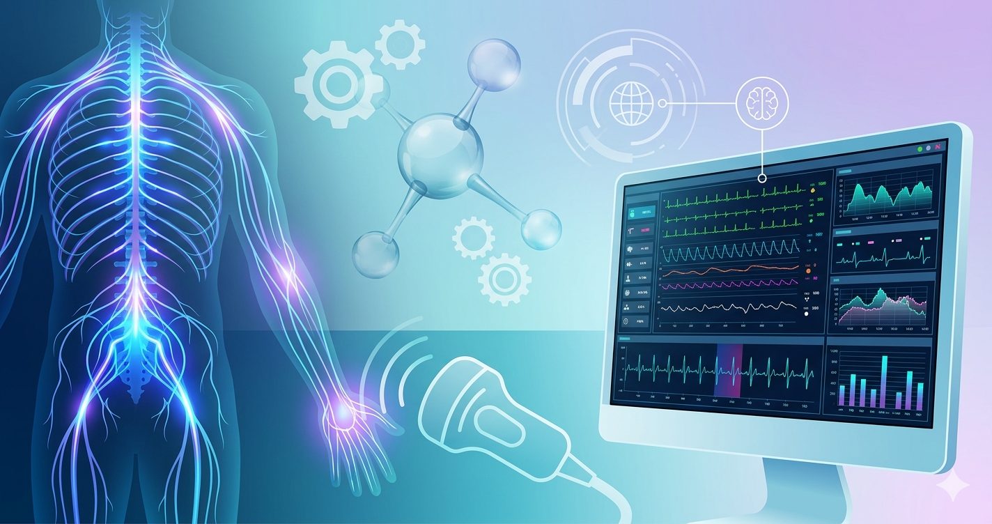 A futuristic feature image illustrating anesthesiology research. On the right, a detailed screen displays physiological waveforms and biometric data, symbolizing technology and AI monitoring. On the left, a digital diagram of the human nervous system with glowing blue impulses highlights regional anesthesia and nerve blocks. The colors are cool blues and purples.