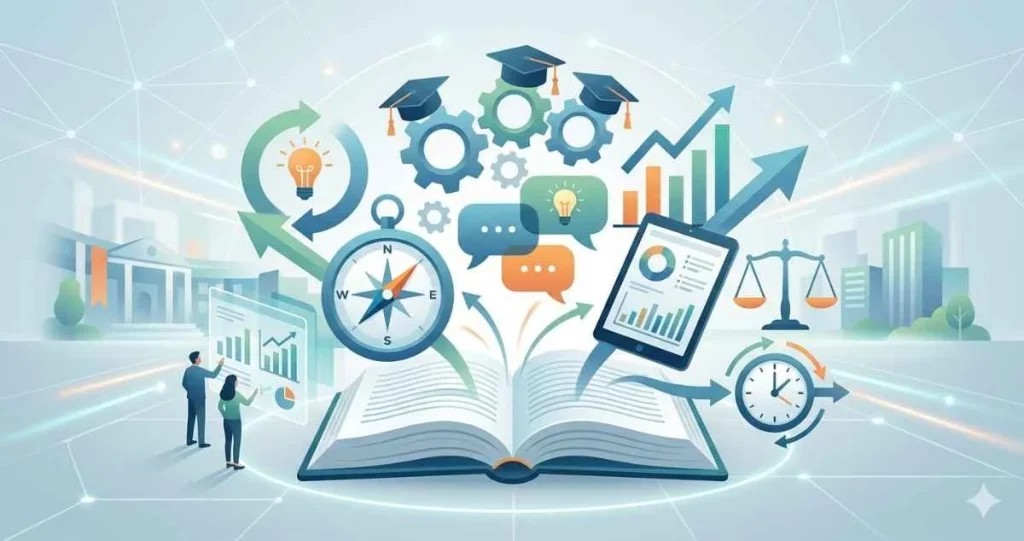 An open book with glowing icons of graduation caps, gears, a compass, and a legal scale rising out of it, while two people analyze a digital data chart.