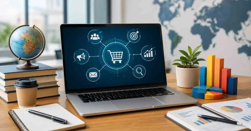 A laptop on a wooden desk displaying a circular e-commerce icon network with symbols for shopping carts, targeting, growth charts, and email marketing. The desk also features colorful 3D bar graphs, a globe on stacked books, open notebooks, and a cup of coffee.