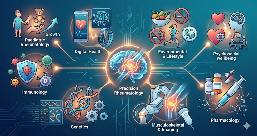 A professional medical illustration showing a central glowing human joint surrounded by icons representing eight rheumatology research areas: genetics, immunology, digital health, pharmacology, musculoskeletal imaging, environmental factors, psychosocial wellbeing, and paediatric care, set against a dark blue technological background.