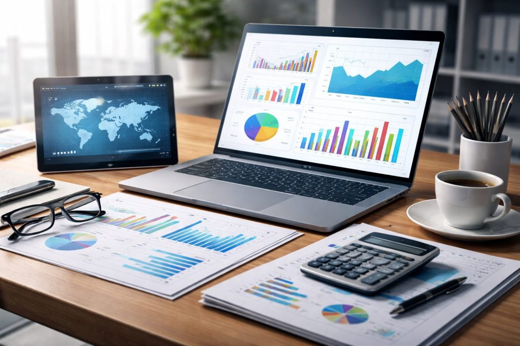 A modern financial workspace featuring a laptop and tablet displaying charts, graphs, and market data, with documents, calculator, coffee cup, and stationery arranged on a desk, representing finance and investment analysis.