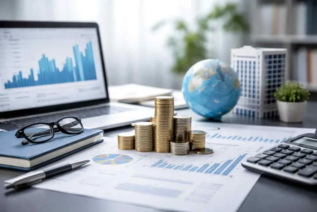 A desk with an open laptop showing blue bar charts, stacks of gold coins, eyeglasses on a notebook, a calculator, and a small desktop globe.