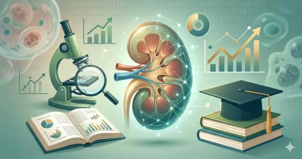 An illustration featuring a cross-section of a human kidney surrounded by medical research elements, including a microscope, an open textbook with charts, data graphs, and a graduation cap on a stack of books.