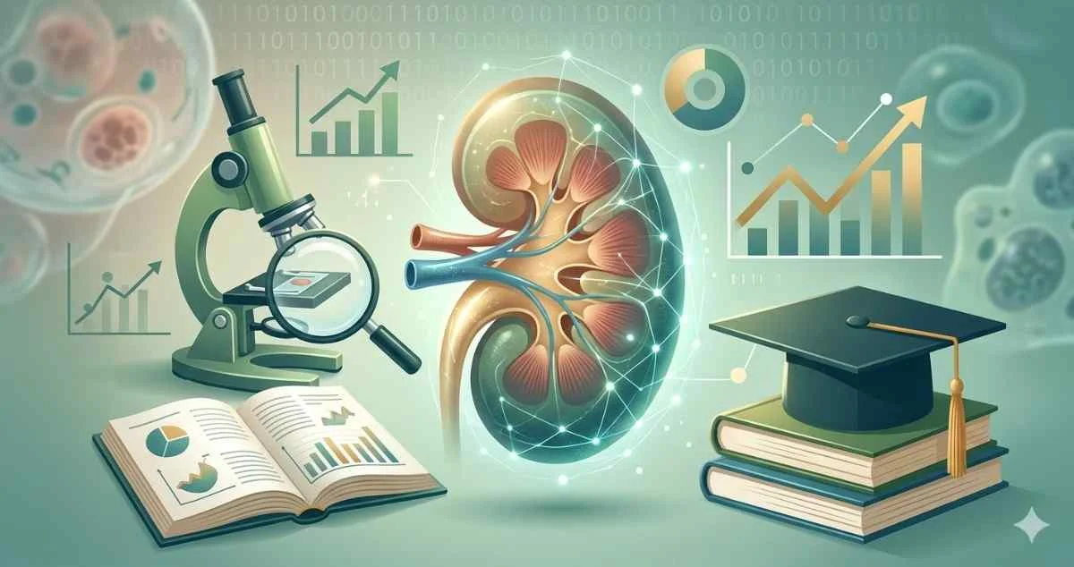 An illustration featuring a cross-section of a human kidney surrounded by medical research elements, including a microscope, an open textbook with charts, data graphs, and a graduation cap on a stack of books.