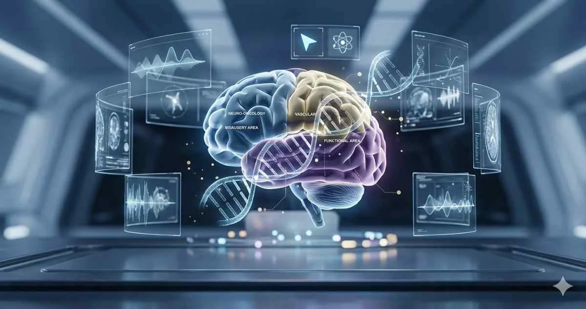 A color-coded 3D digital model of a human brain with distinct anatomical sections labeled, integrated with a floating DNA double helix and translucent medical display screens showing neural waves and MRI scans.