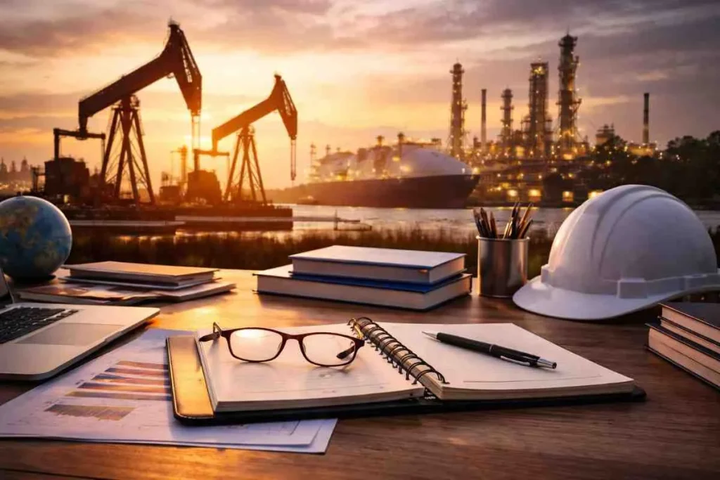 An open notebook and glasses on a wooden desk with a white hard hat, overlooking a sunset view of oil pumps, a tanker ship, and a refinery plant.