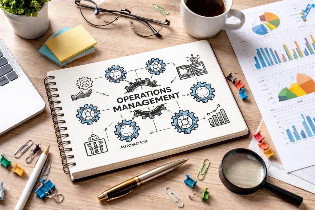 A clean academic workspace featuring a notebook with operations management diagrams and process icons, surrounded by charts, stationery, and a laptop, representing dissertation research, supply chain analysis, and operational planning concepts.