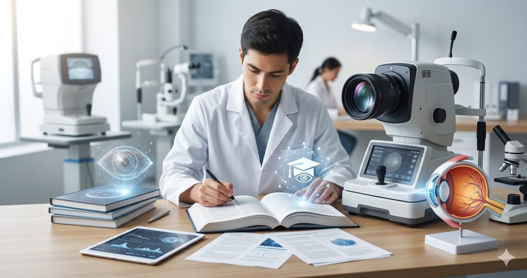 A focused medical student in a lab coat is taking notes at a well-lit desk surrounded by essential ophthalmology equipment, research papers, textbooks, a detailed eye anatomical model, a modern Fundus camera, and a visual field machine in the background. Subtle holographic elements with eye and study icons emanate from some books, illustrating the intersection of advanced research and academic inquiry. This image represents a student engaged in ophthalmic dissertation research.