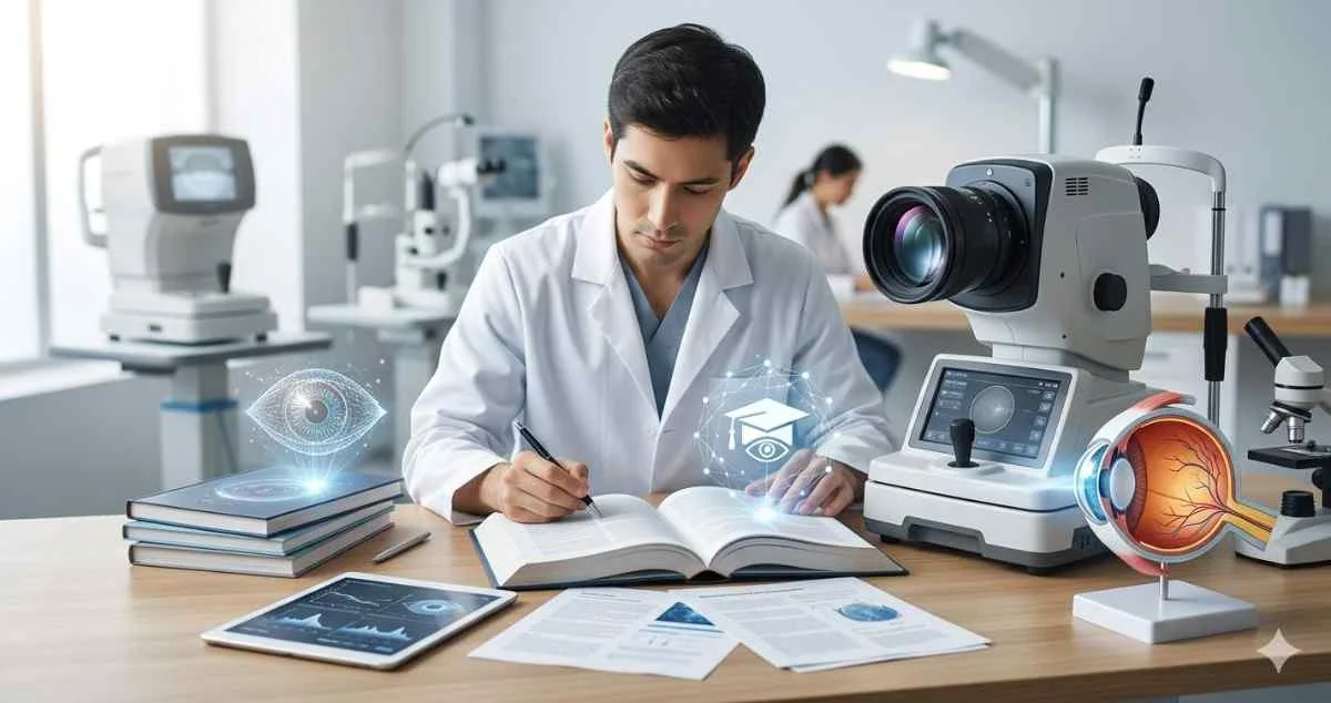 A male ophthalmology student or doctor in a white lab coat studying medical books and taking notes at a desk featuring a fundus camera, an anatomical eye model, a tablet, and digital eye holograms.