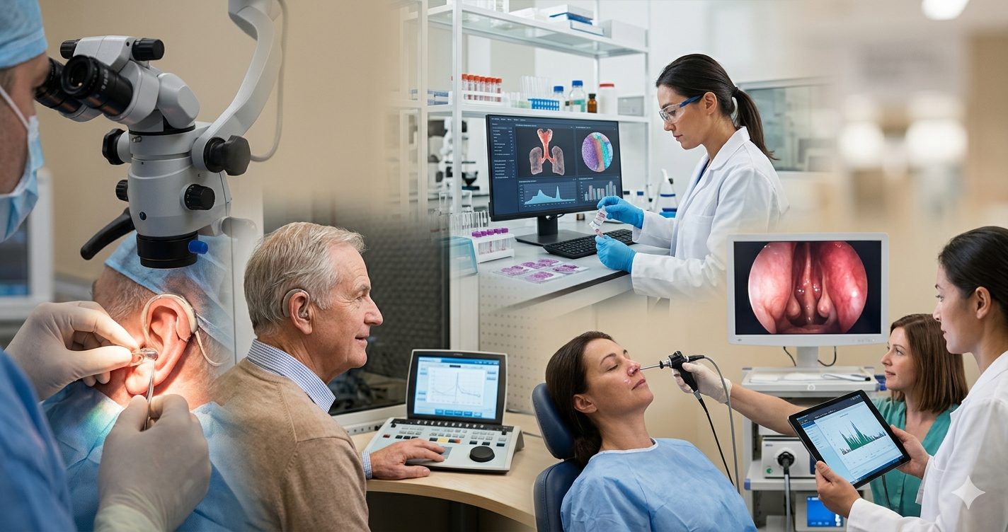 A professional collage illustrating various facets of Otolaryngology (ENT) research and clinical practice: a surgeon performing ear surgery under a microscope, a patient undergoing a hearing test, a medical researcher analyzing data in a lab, and a clinician conducting a nasal endoscopy, with diverse technologies and interactions representing subfields like Otology, Rhinology, and Head & Neck Oncology for academic