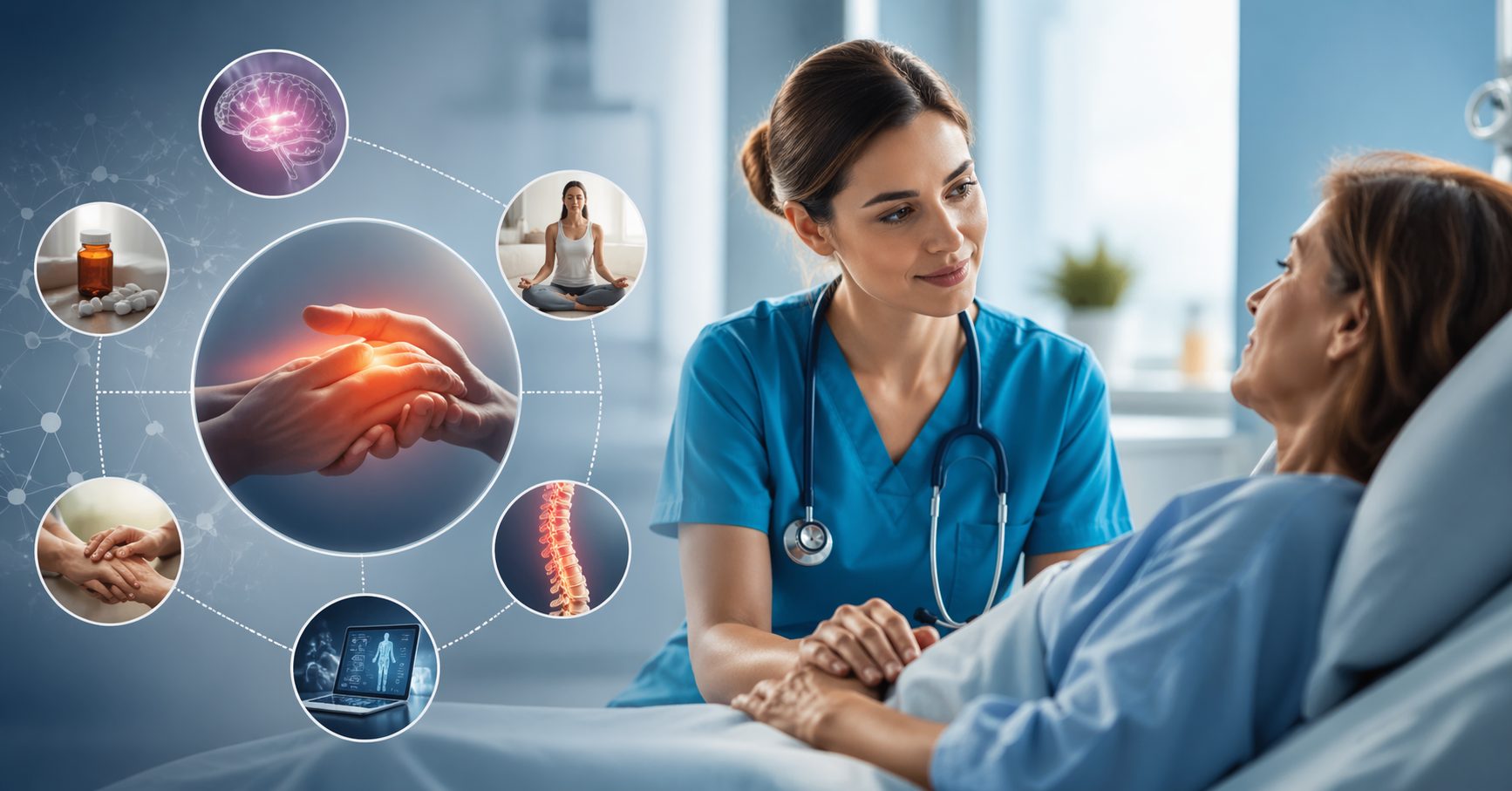 Nurse providing compassionate pain management care to a patient in a hospital with visual elements representing treatment methods and holistic nursing approaches