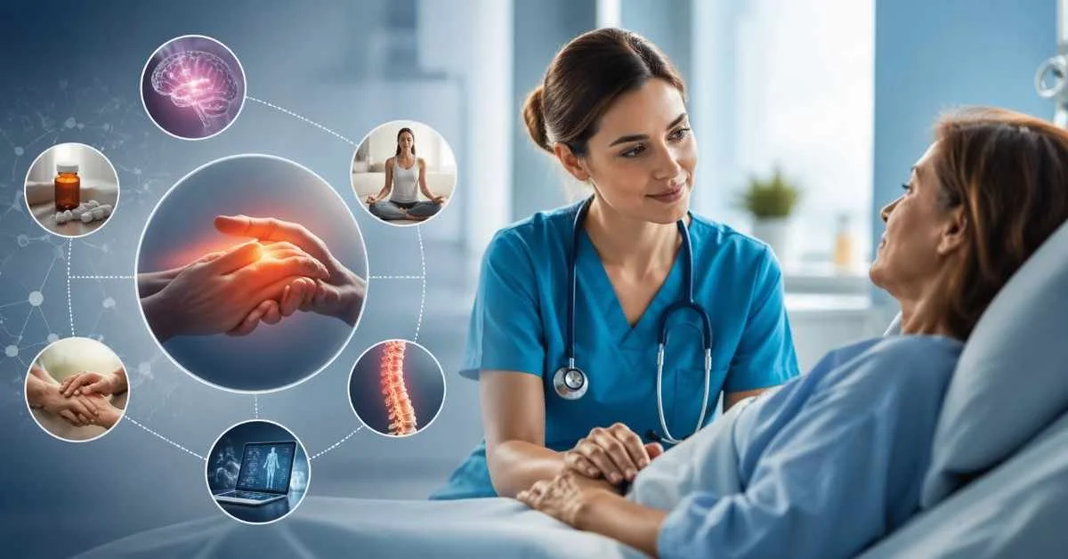 A female nurse in blue scrubs comforts a patient lying in a hospital bed by holding her hand. A circular graphic on the left displays holistic health elements, including a brain scan, a spine model, medication, a person meditating, and supportive hands.