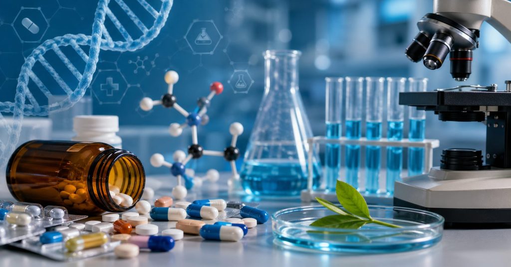 Laboratory setup with microscope, test tubes, molecular model, and scattered pills representing pharmacology research and drug development