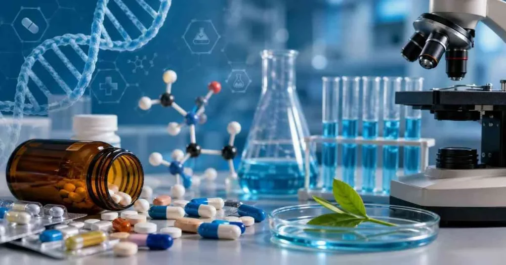A laboratory desk featuring scattered prescription pills, capsules, and medicine bottles next to a petri dish with a green leaf, test tubes with blue liquid, an Erlenmeyer flask, a molecular model, and a microscope.
