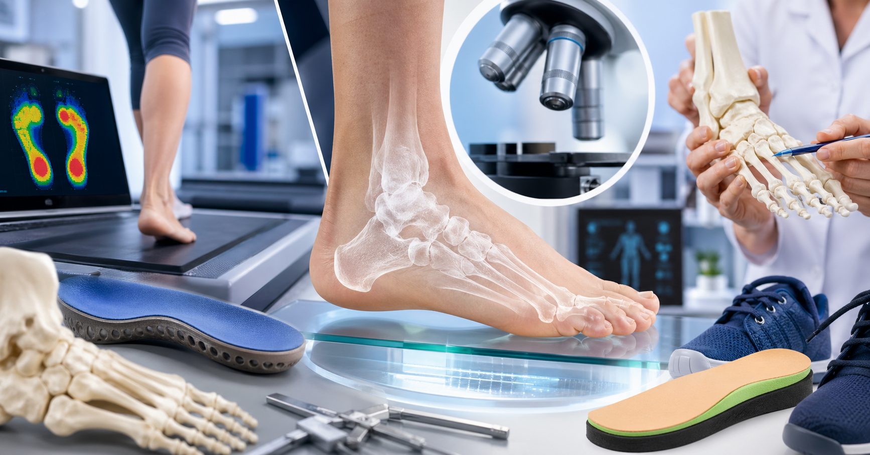 Clinical podiatry research scene showing foot biomechanics analysis, X-ray overlay of foot bones, gait pressure mapping, orthotic insoles, and medical examination tools in a modern laboratory setting