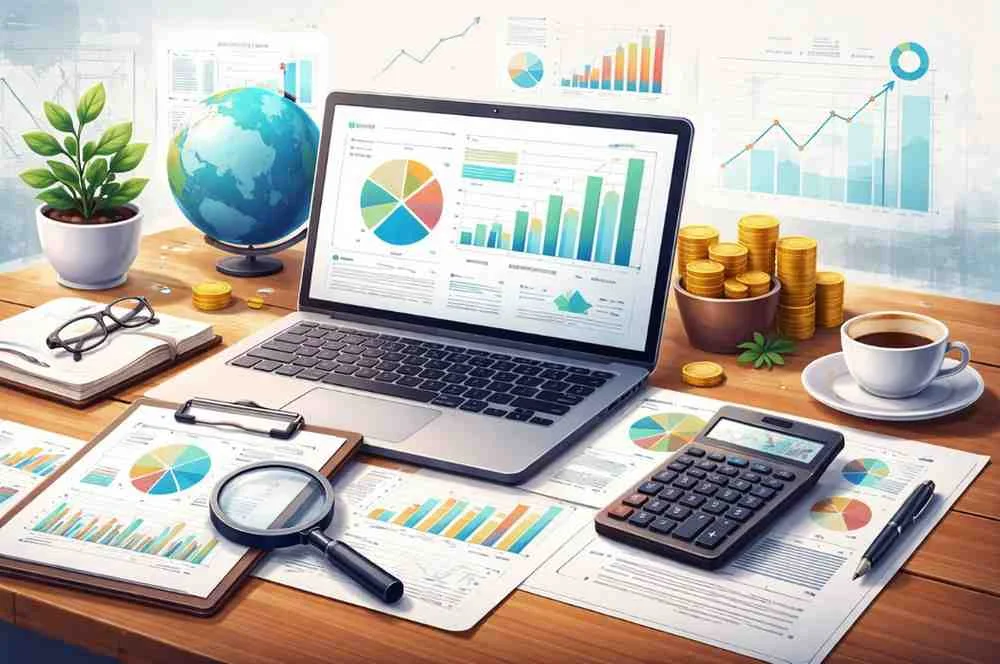 An open laptop displaying financial charts on a wooden desk surrounded by business spreadsheets, a calculator, a magnifying glass, stacks of gold coins, and a small globe.