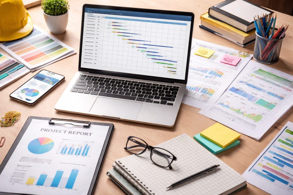 Laptop displaying a Gantt chart surrounded by project management documents, charts, sticky notes, and office tools on a desk representing planning and research work