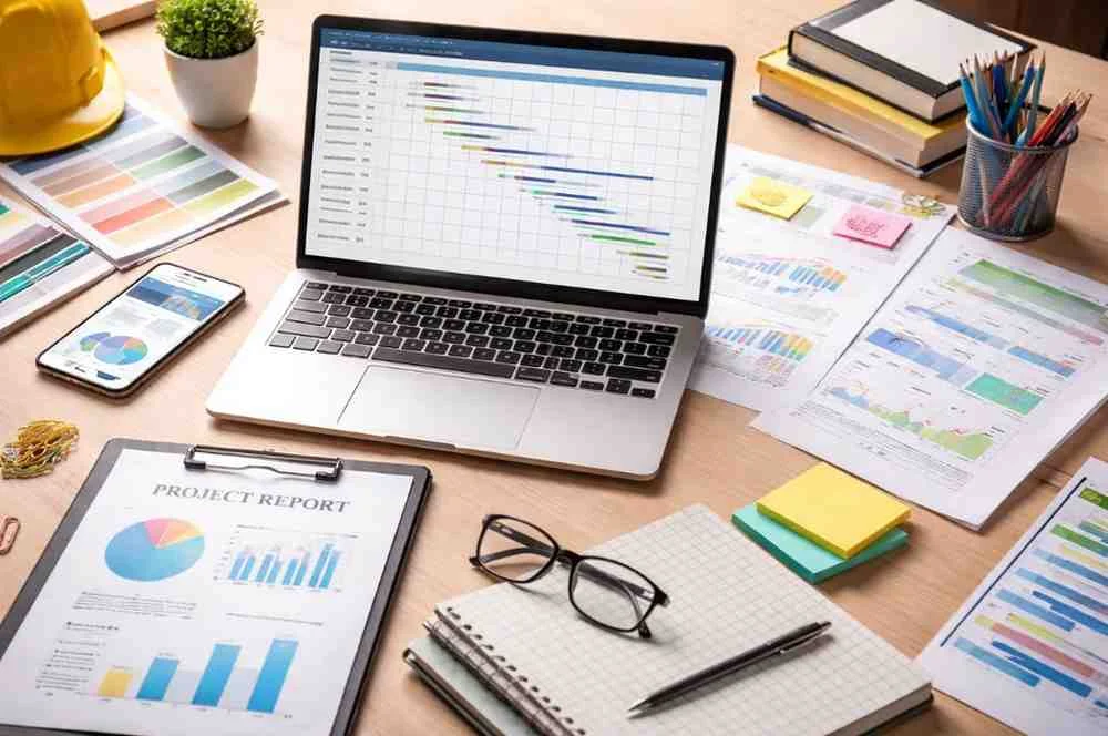 An open laptop displaying a colorful Gantt chart on a wooden desk surrounded by a project report clipboard, eyeglasses, notebooks, and a yellow hard hat.