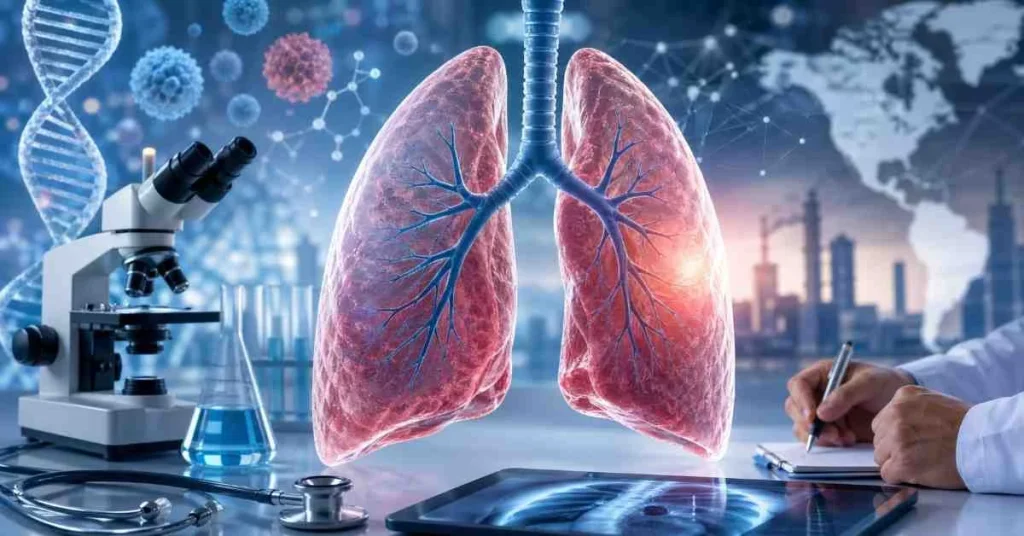 A 3D medical illustration of human lungs with visible bronchial trees, surrounded by a microscope, stethoscope, laboratory glassware, and a doctor taking notes in front of a digital X-ray screen.