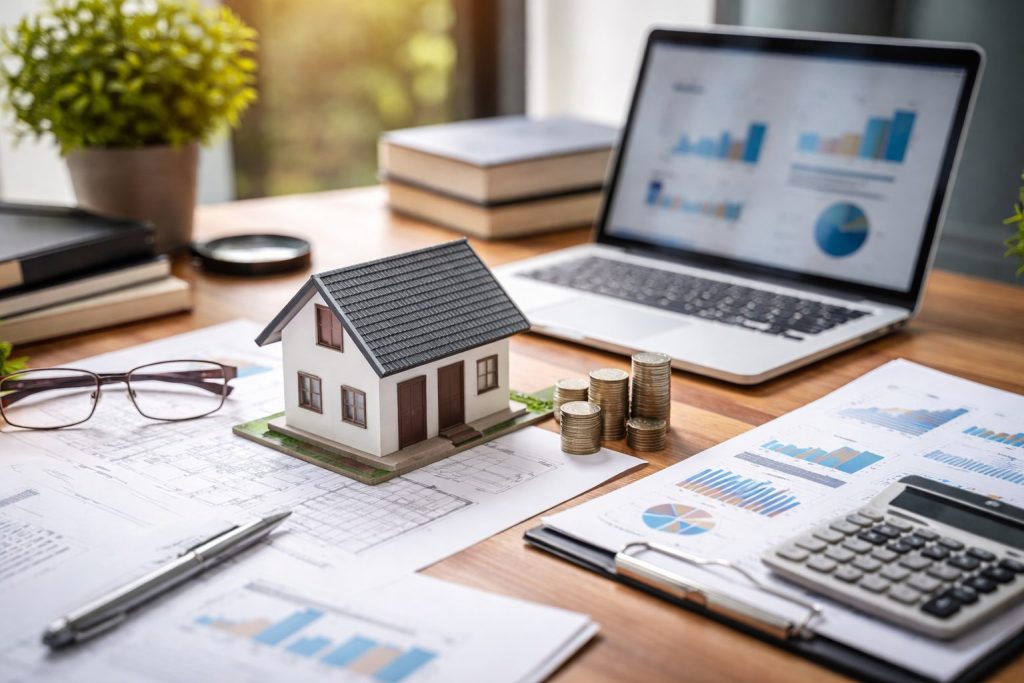 A professional workspace showing real estate management research materials including a model house on architectural plans, financial charts, coins, calculator, laptop with analytics graphs, and study books on a wooden desk in natural lighting.