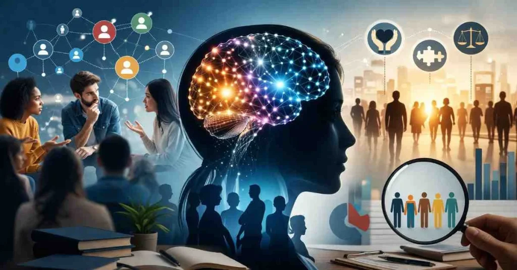 Digital illustration showing social psychology concepts with a human brain, group discussions, community interaction, and behavioral research analytics.