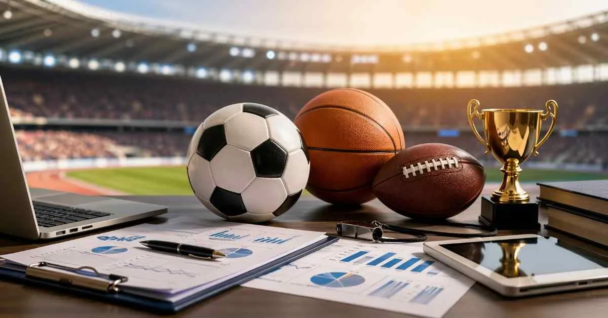 A soccer ball, basketball, and American football sit on a wooden desk alongside a golden trophy cup, a coach's whistle, a laptop, a digital tablet, and analytics charts. A blurry sports stadium under bright sunlight is visible in the background.