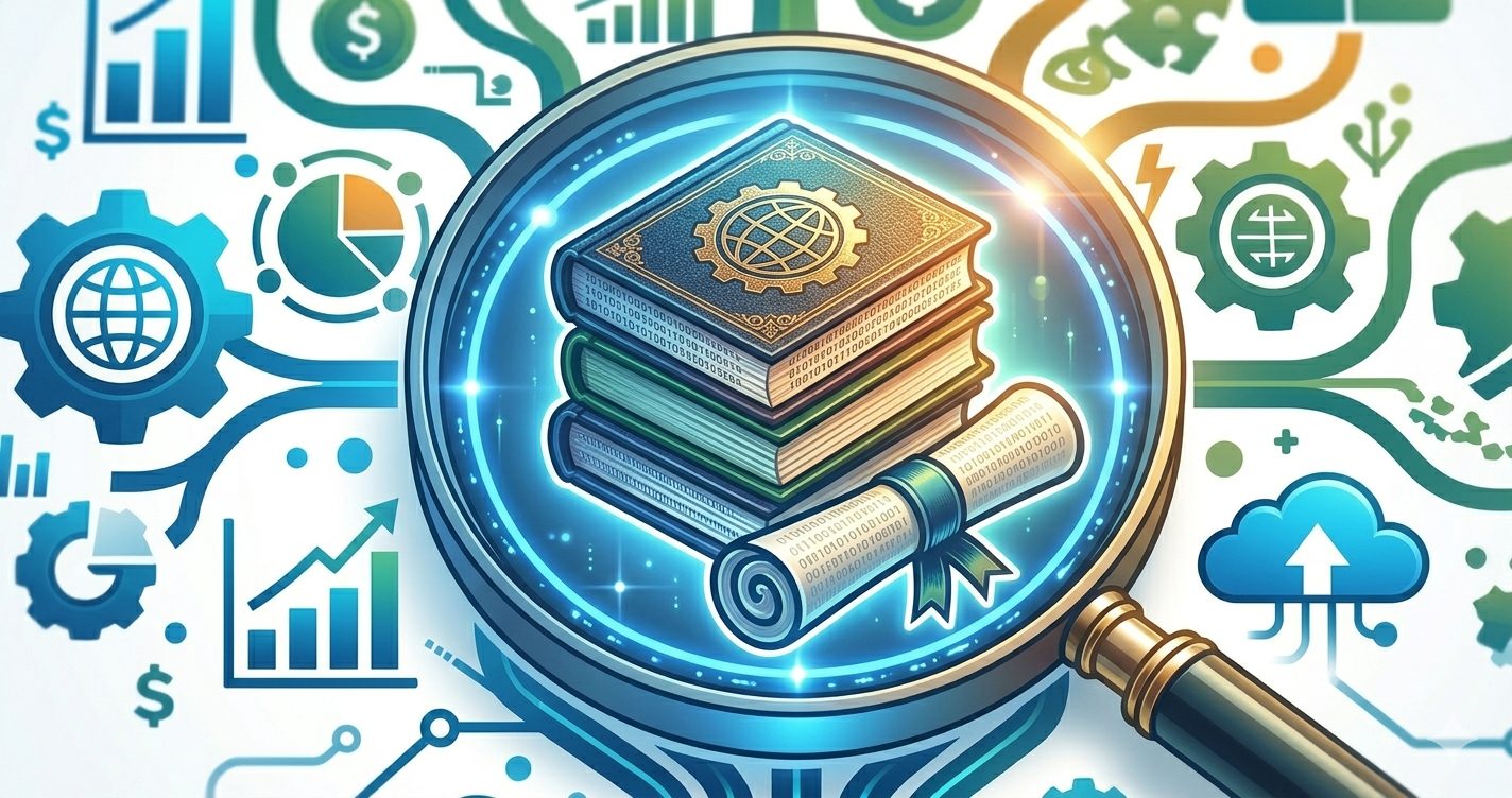 A high-resolution conceptual graphic for Information Systems Management featuring a magnifying glass focusing on academic books and a diploma. The central image is surrounded by a network of digital icons including gears, cloud computing, data charts, and circuit patterns, representing the intersection of business strategy and technology.