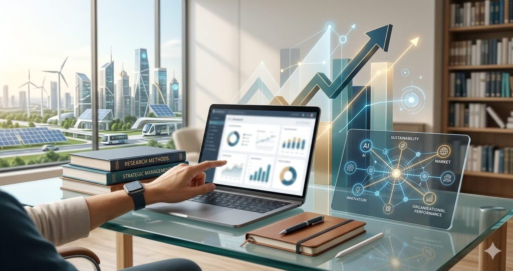 A high-quality digital illustration shows an analytical university student interacting with a laptop that displays dynamic, interconnected business strategy maps for the year 2026. The scene includes a blurred stacks of research books and a modern city skyline representing the strategic management field.