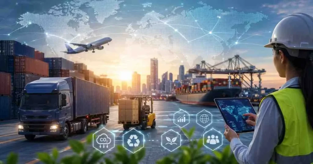 A logistics engineer in a hard hat and safety vest uses a tablet at a busy shipping port. The background features a cargo truck, a forklift, an airplane taking off, a container ship, and green sustainability icons over a digital world map.