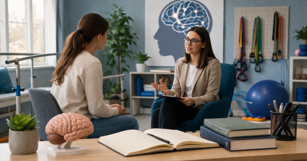 A psychologist in a modern therapy office speaks with a female client seated across from her, with a brain model, books, and rehabilitation equipment visible in the background.